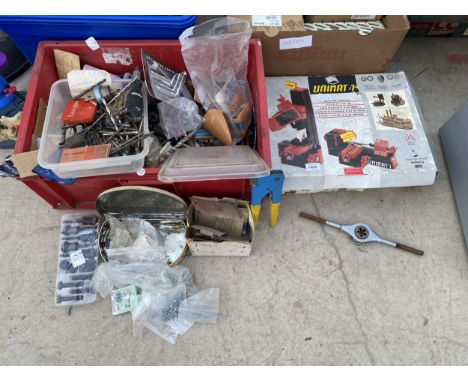 AN ASSORTMENT OF TOOLS AND HARDWARE TO INCLUDE DRILL BITS, DIES AND A PRECISION 6 IN 1 TOOL ETC 
