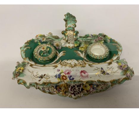 A VICTORIAN ORNATE CERAMIC INKWELL WITH EMBOSSED FLOWERS - A/F 