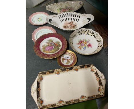 A QUANTITY OF CERAMIC ITEMS TO INCLUDE CONTINENTAL BOWLS, ADAMS PLATES, WOOD WARE SANDWICH TRAY, ETC 