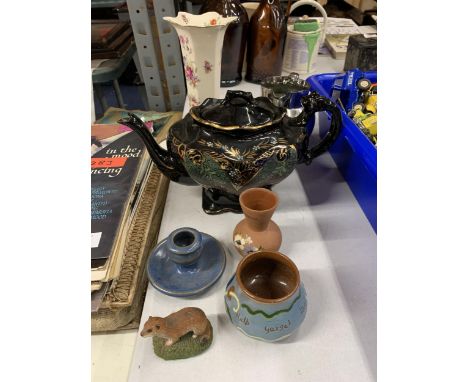 A LARGE VICTORIAN TEAPOT, STUDIO POTTERY, VASE, JUG, ETC 