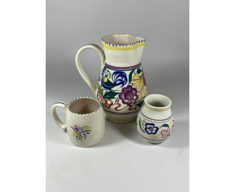 A GROUP OF THREE 1950/1960'S POOLE POTTERY CERAMICS, LARGE JUG, VASE AND SMALL MUG 