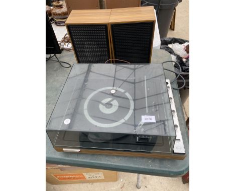 A MARCONIPHONE 4047B RECORD PLAYER COMPLETE WITH A PAIR OF WOODEN CASED SPEAKERS, THE ORIGINAL BOX AND SPARE PARTS ETC 