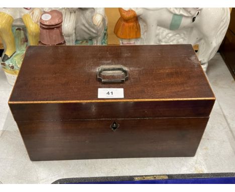 A MAHOGANY TEA CADDY &amp; CONTENTS WITH GEORGE III SILVER HANDLE, HALLMARKS FOR LONDON, 1791 