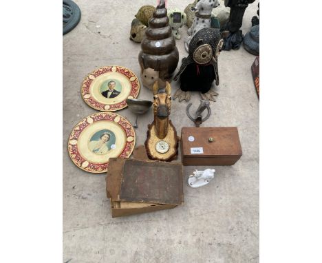 AN ASSORTMENT OF ITEMS TO INCLUDE A HORSE HEAD BAROMETER, PLATES AND ANIMAL FIGURES ETC 