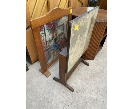 AN OAK FRAMED WOOLWORK FIRESCREEN AND TILT-TOP FIRESCREEN/TABLE 