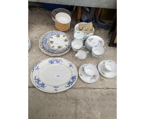 AN ASSORTMENT OF CERAMICS TO INCLUDE CUPS, SAUCERS AND PLATES ETC 