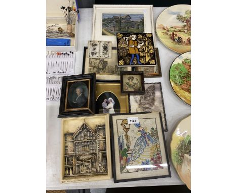 A MIXED GROUP OF SMALL PICTURES AND FURTHER ITEMS TO INCLUDE UNUSUAL CASED PORTRAIT, BROCKLEHURST MACCLESFIELD SILK OF 'LITTL