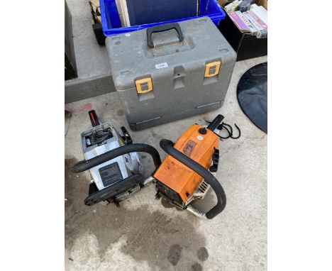 A RYOBI CHAINSAW, A STHIL CHAINSAW BODY AND A FURTHER PETROL CHAINSAW BODY 