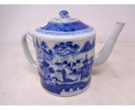 A Chinese blue and white glazed ceramic teapot depicting a traditional scene (height 14cm) together with a further Chinese po