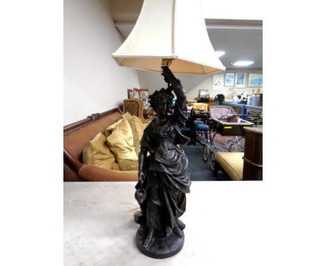 A patinated metal figural table lamp in the form of a female figure, height 62cm excluding fitting and shade.