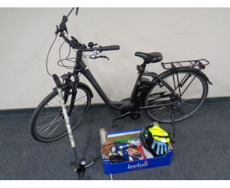A unisex Kalkhoff Impulse 2.0 electric bike, with key and charger together with a box containing bike safety equipment, pumps