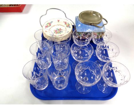 A tray containing a set of dessert bowls on plated stand, a ceramic biscuit barrel with plated lid together with two sets of 