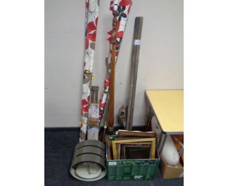 A 20th century beech wood standard lamp, two window blinds, vintage wooden easel, brass curtain pole, light shade together wi