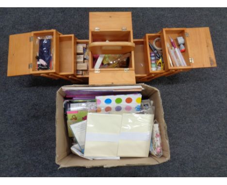 A wooden concertina box together with a further box containing crafting equipment and tools.