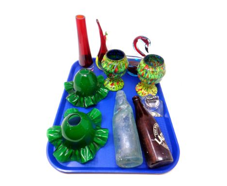 A tray containing assorted glassware including antique glass bottles, green glass light shades, Bohemian glass vases.
