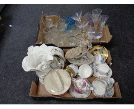 Two boxes containing assorted tea ware, an Italian figurine, Royal Worcester oven dish with cover, assorted glassware.
