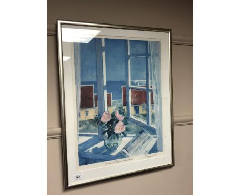 After John Andersen : Flowers by a window, A colour print signed in pencil, 43cm x 56 cm. 