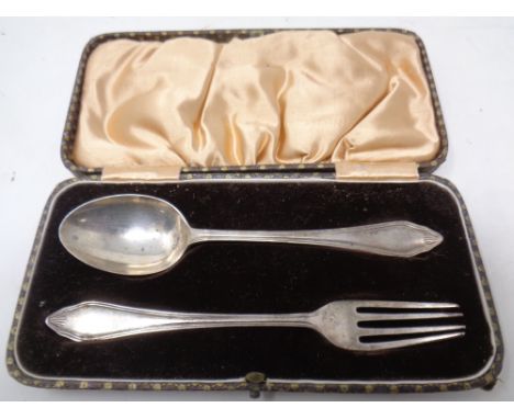 A Sheffield silver spoon and fork in case.