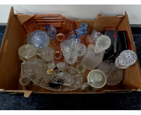 One box containing assorted glassware and ceramics including decanters, trinket sets, perfume bottles, drinking glasses etc.