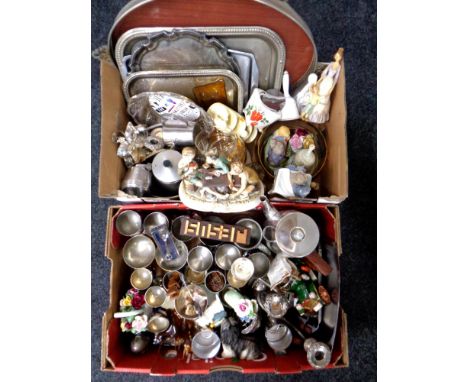 Two boxes containing assorted metalware, glassware, plated goblets, figurines, Nao figure of two kittens etc.