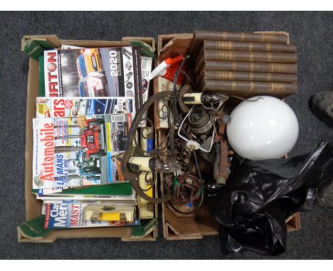Two boxes containing car magazines, boxed Ringtons die cast cars, vintage light fitting, six volumes : The Life and Times of 