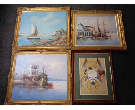 Savage : Fishing boats in a harbour, oil-on-canvas, in a gilt frame together with two further gilt framed oil-on-canvases and