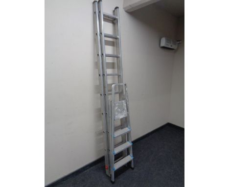 A Hailo twin section aluminium extension ladder together with a further set of Beldray aluminium folding steps.