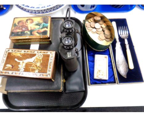 A tray containing Hans Weiss 16x50 field glasses, cased cutlery, trinket boxes, pre-decimal copper coinage, stewards medal.