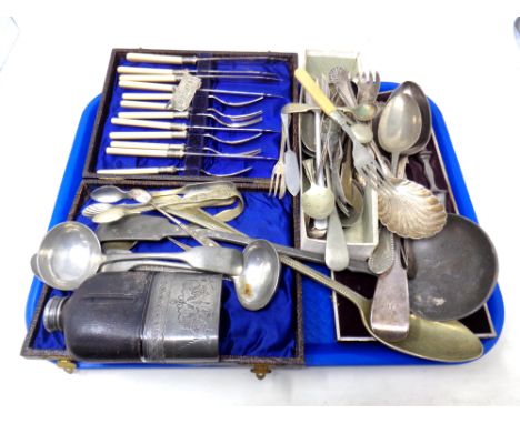 A tray containing assorted plated wares including assorted cutlery, serving spoons, ladle, cased fish knife and forks, a leat