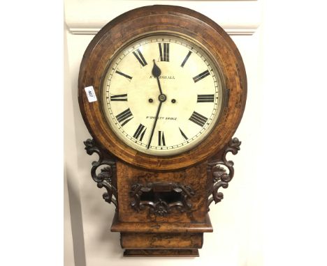 A 19th century inlaid walnut drop-dial wall clock with twin-fusee movement, painted 12" dial signed R Marshall, Nr. Shotley B
