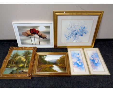 A Yoshizo Kawasaki Poppies print together with three further framed prints and two gilt framed oil paintings.