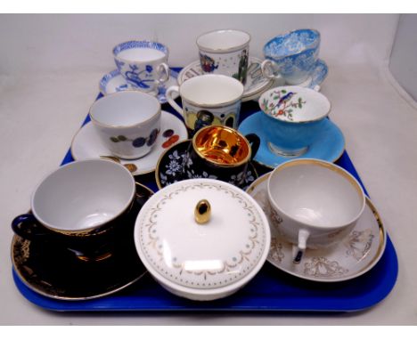 A tray containing nine assorted china teacups and saucers including Royal Doulton, Aynsley, Royal Worcester together with a f
