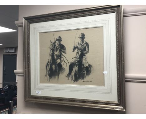 A monochrome print depicting two jockeys, 49cm x 38cm.