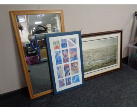 A print Newcastle Upon Tyne in the reign of Queen Victoria, framed, together with a further framed print and a mirror.