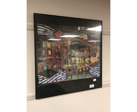 A continental colour print : Flying Skyscrapers, framed, 49cm x 50cm.