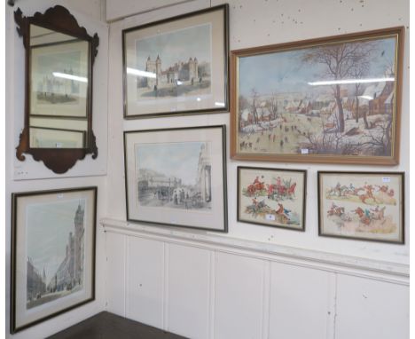 A print "Winter landscape with Skaters, Pieter Brueghel", Georgian style mirror, two hunting prints and three other prints Co