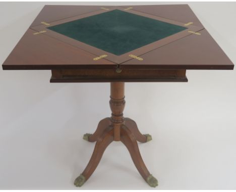 A reproduction mahogany envelope card table with single drawer, 76cm high x 54cm wide x 54cm deep Condition Report: Available