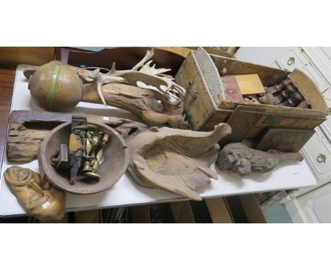 A wooden trunk, various carved items panels etc Condition Report: Available upon request