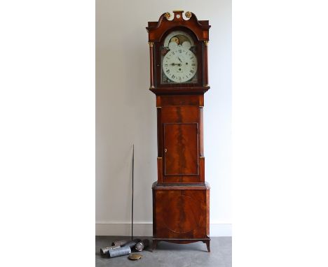 A George III mahogany longcase clock. late 18th century and later, the painted arched dial inscribed overton and with calenda