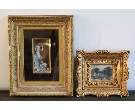 A 19th cent portrait miniature of a lady and a smaller landscape study
