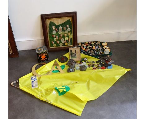 A large collection of advertising and automobilia including badges, BP kite, Coronation medallions and similar&nbsp;