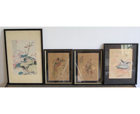 A collection of Oriental prints to include two Chinese prints, a Chinese print with calligraphy and a Japanese print&nbsp;