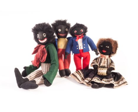 A Chad Valley Golliwog, 1930s, of black, yellow and red cloth, mohair hair and red and white woven label - 14in (35.5cm) high