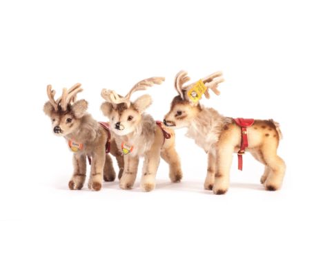 Three Steiff Renny Reindeer, 1950s, one with glass eyes and two with plastic, felt antlers, one with button and crisp yellow 