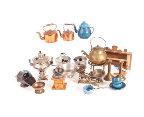 Doll’s metal kitchen equip­ment: including cast-iron scales - 4in (10cm) wide; a Samovar; coffee grinder; blue enamel ware; a