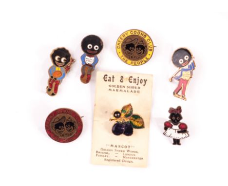 Robinson Golly Badges: a black berry sprig with Golly head, on original Eat & Enjoy card (hole to top of card); three other G