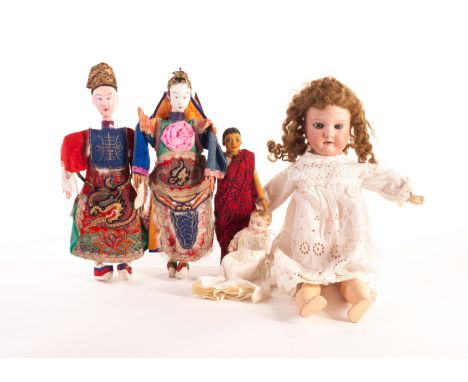 Two Chinese Opera dolls, in original elaborate costumes - 10 1/2in (27cm) high; an AM 390 child doll; an all bisque baby doll