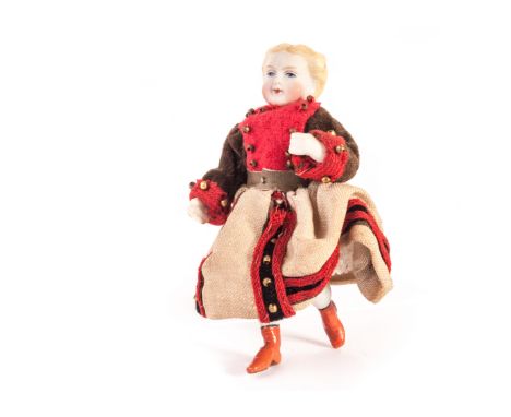 A rare all-bisque running dolls’ house doll, with moulded blonde painted hair, jointed arms, one held closer to her body, fix