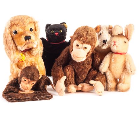 Post-war Steiff animals: a Jocko jointed monkey - 10 1/2in (27cm) high; a seated Revue Susi; puppets - Hand Foxy; Hand Jocko 