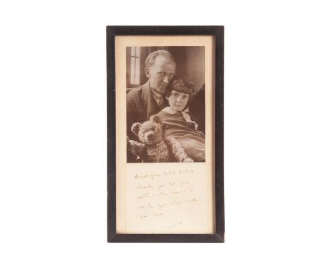 A rare dedicated photograph of A. A. Milne, Christopher Robin and Winnie the Pooh, a contemporary print of the famous Howard 